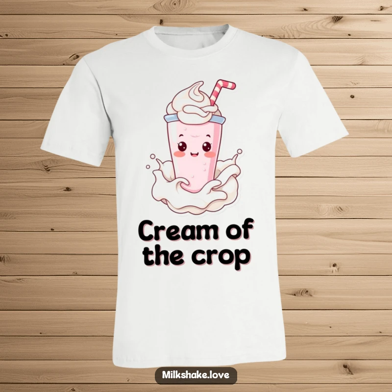 Funny T-Shirt featuring a cute Kawaii milkshake character happily splashing and playing within a swirl of fluffy whipped cream.