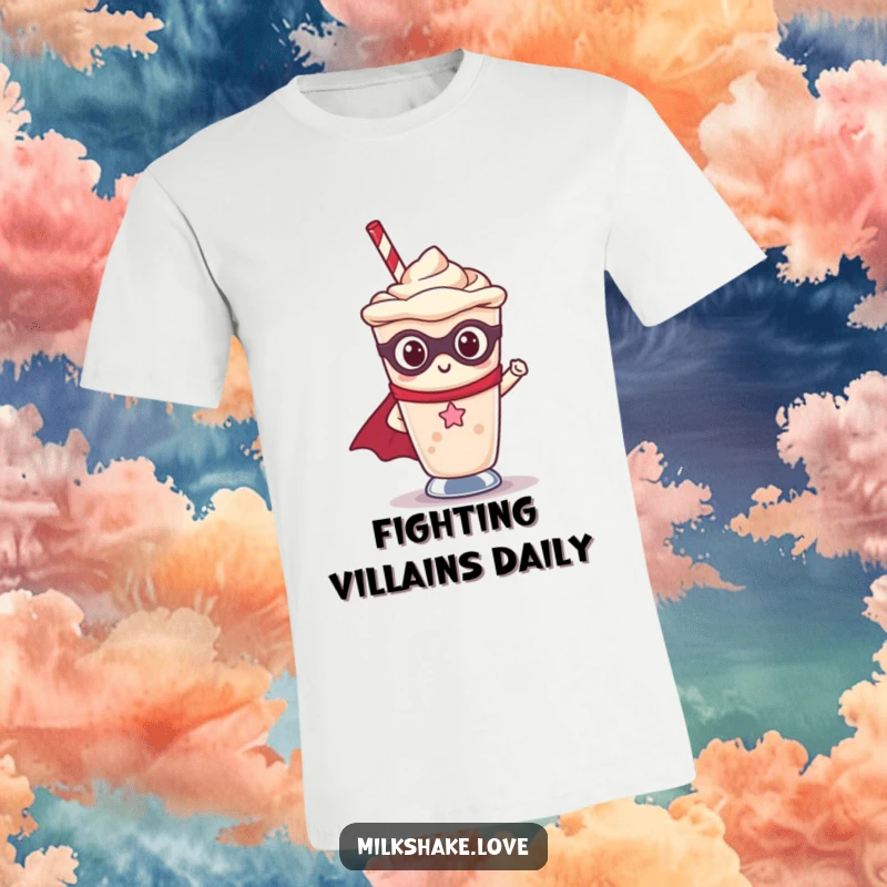 Funny Kawaii milkshake character in a superhero cape, striking a heroic pose inside a giant milkshake cup.