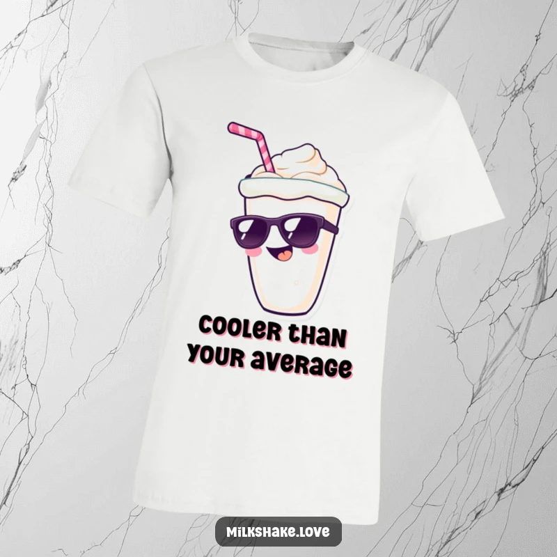 Funny kawaii milkshake character with a wide grin and sunglasses, a stylish and humorous design on a t-shirt.