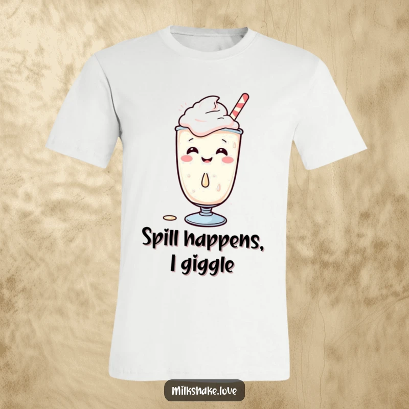 Funny Kawaii Milkshake T-Shirt with a giggling character spilling a drop, soft and comfortable apparel, great gift.