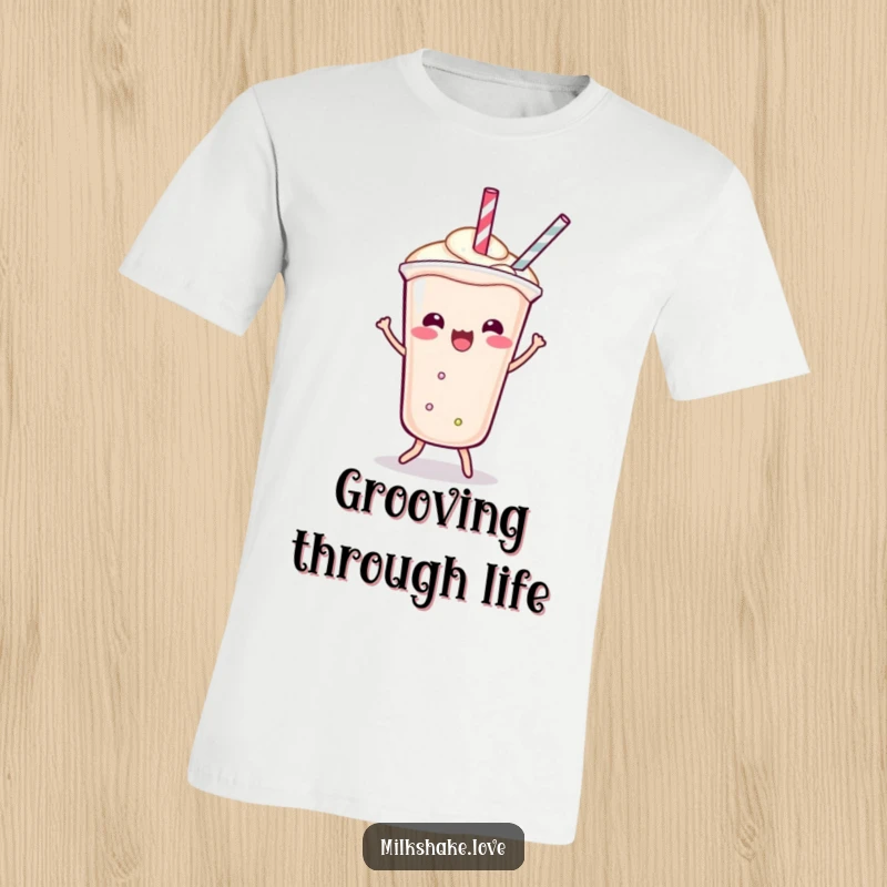 Funny T-Shirt with a Kawaii milkshake doing a lively shimmy, its straw dancing playfully to the beat for a fun vibe.