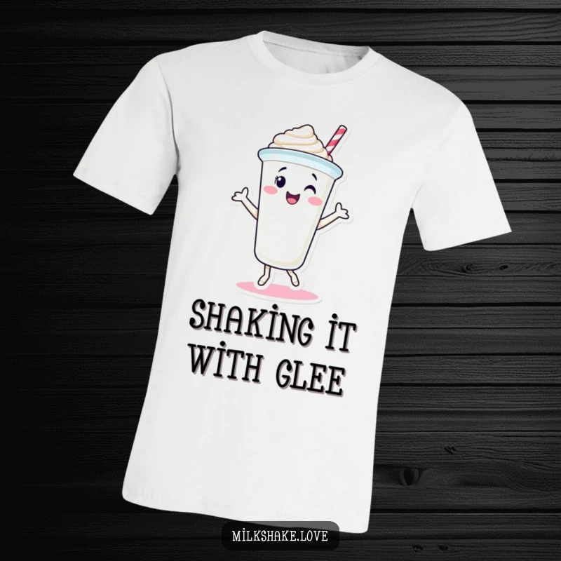 Funny Milkshake Cup T-Shirt featuring a happy character dancing joyfully, dressed as a sweet milkshake.