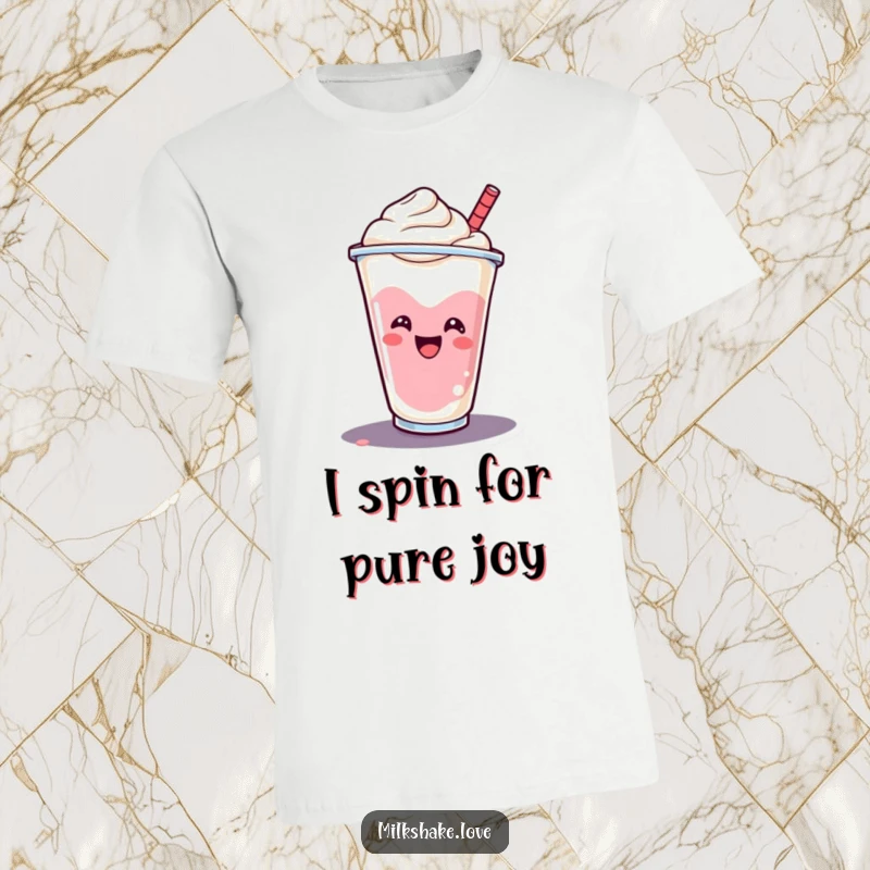 Funny smiling milkshake cup captured mid-spin with motion lines, bringing sweetness to this graphic t-shirt.