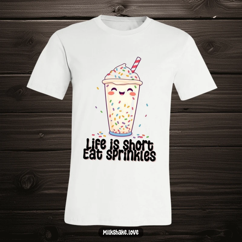 Funny T-Shirt: A happy milkshake cup design with a cascade of colorful sprinkles falling, symbolizing pure delight and fun.