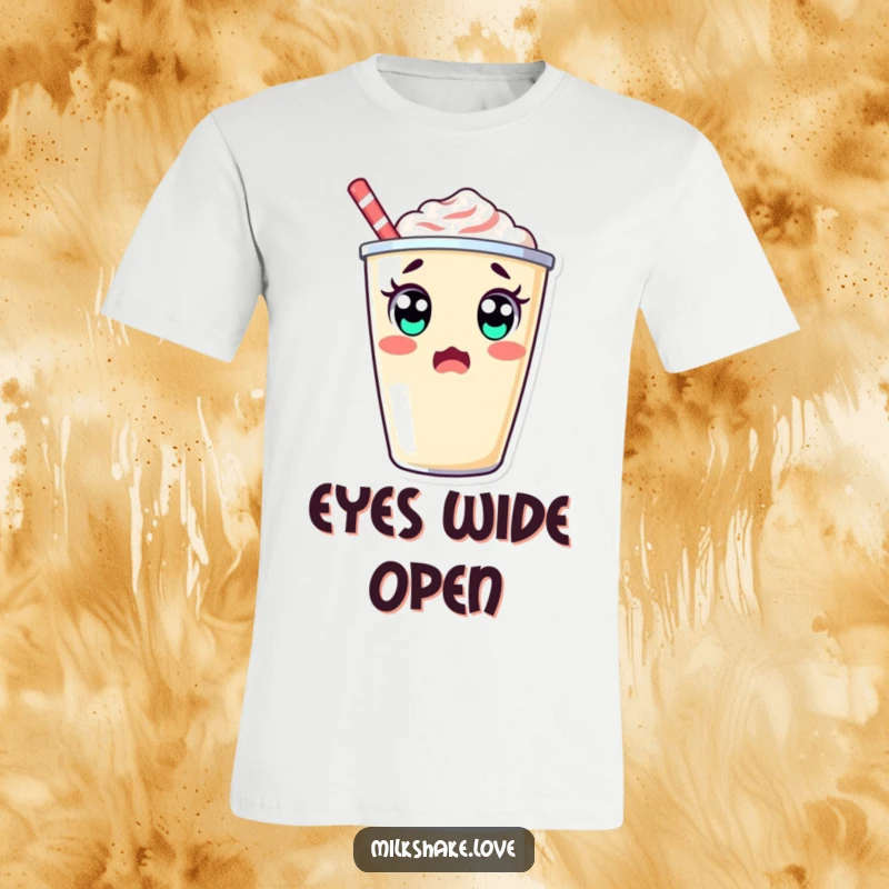 Kawaii milkshake cup with big eyes performing a silly double take, a funny and expressive t-shirt.