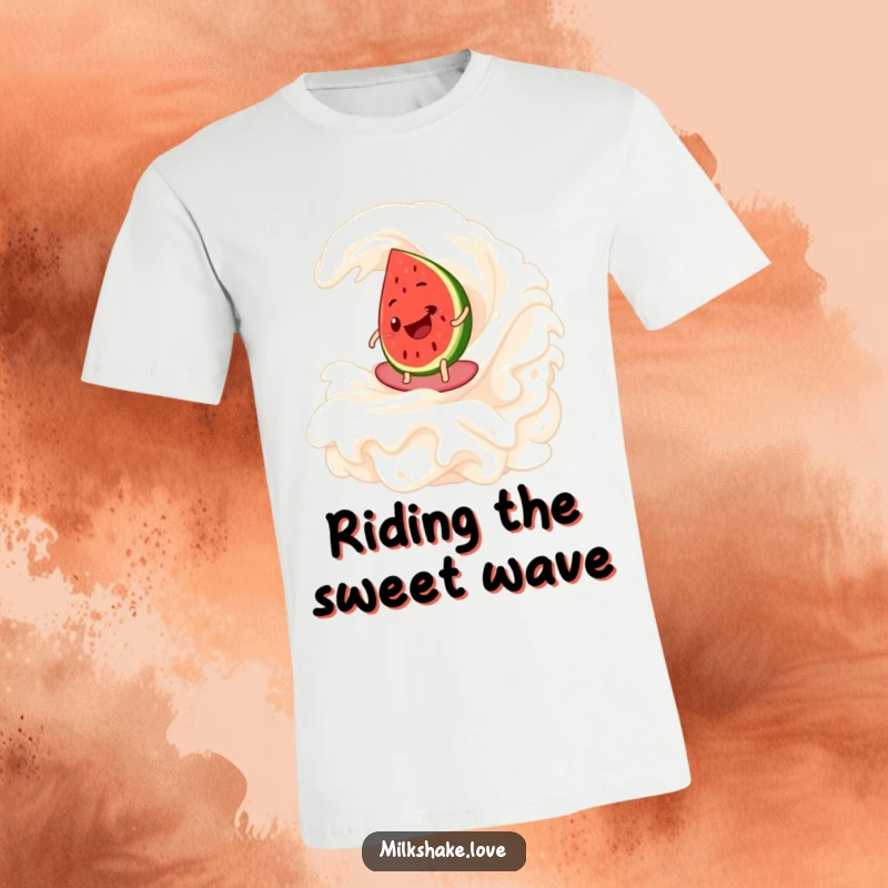 Funny Watermelon Surf T-Shirt showing a happy watermelon slice expertly surfing a giant wave of whipped cream, embodying summer joy.