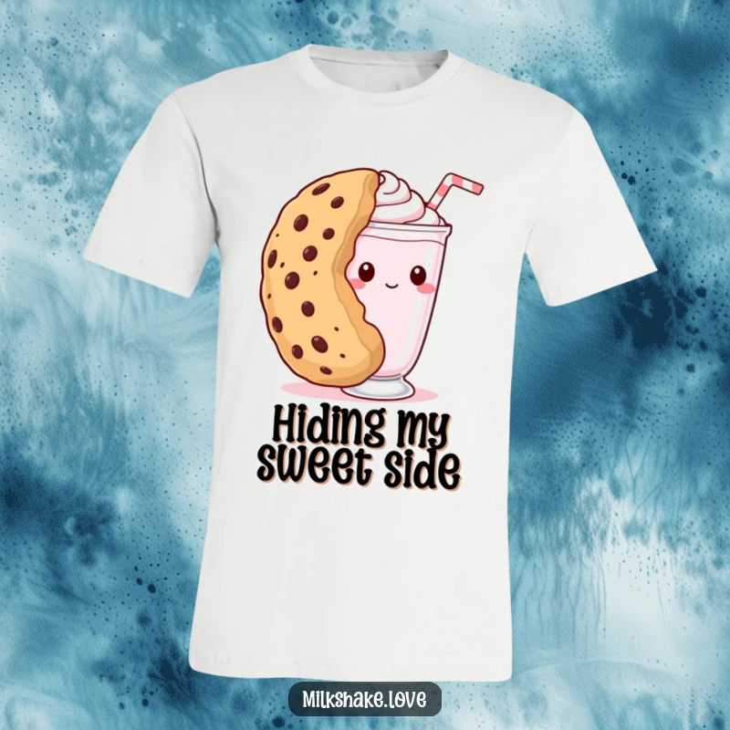 Funny kawaii milkshake t-shirt with a shy milkshake peeking from behind a giant cookie, a humorous and endearing design for shy personalities.