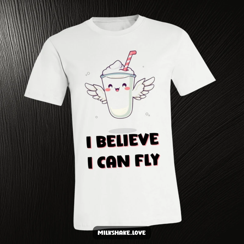 Funny t-shirt showcasing a milkshake with small wings bravely attempting to fly, a whimsical and humorous scene.