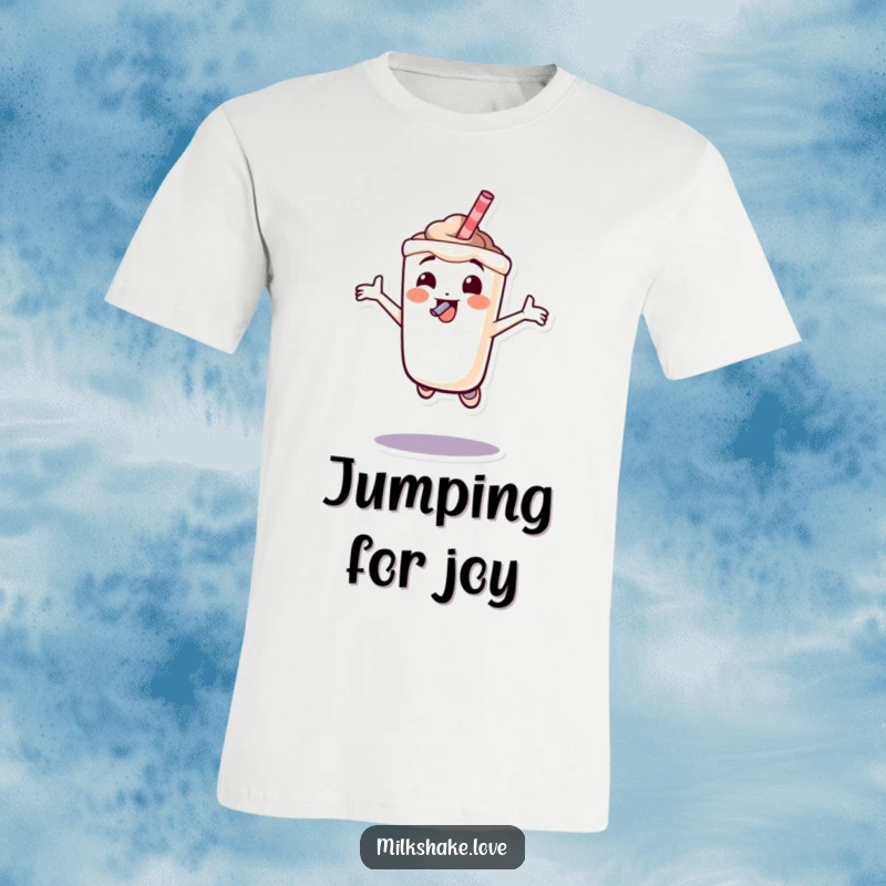 Funny milkshake character in a joyful jump with a straw in its mouth, a dynamic and hilarious design on a t-shirt.
