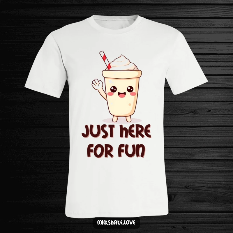 Funny T-Shirt with a petite Kawaii milkshake joyfully waving, showcasing a happy and bubbly expression for maximum cuteness.