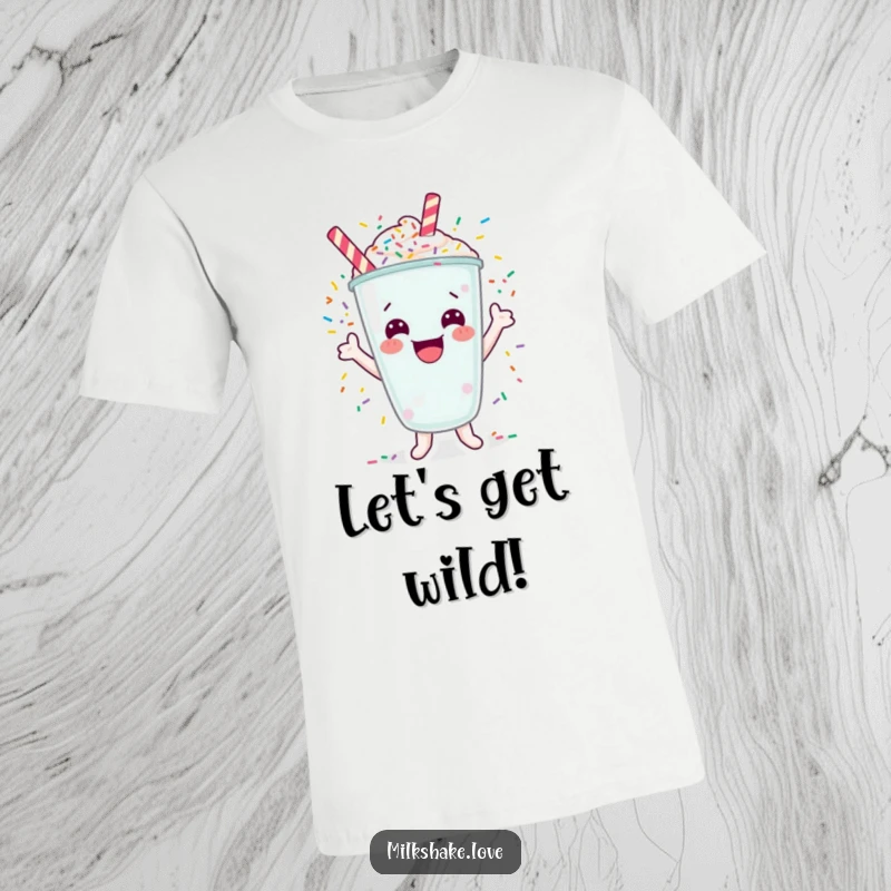 Funny t-shirt featuring a jubilant milkshake character cheering amidst exploding colorful sprinkles.