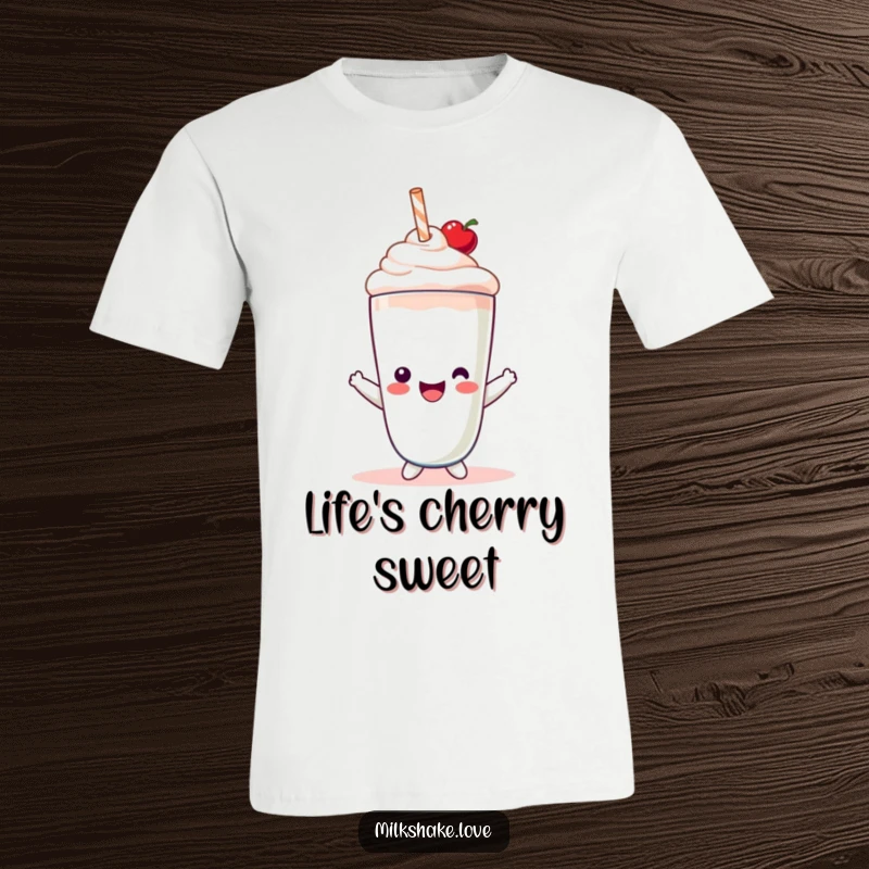 Funny T-Shirt featuring a super cute Kawaii milkshake character joyfully sporting a miniature cherry perched atop its head.
