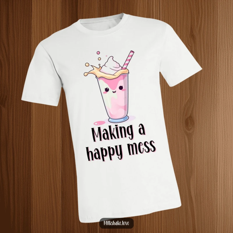 Funny T-Shirt showcasing a brightly colored milkshake ecstatically splashing within its container, exuding pure excitement.