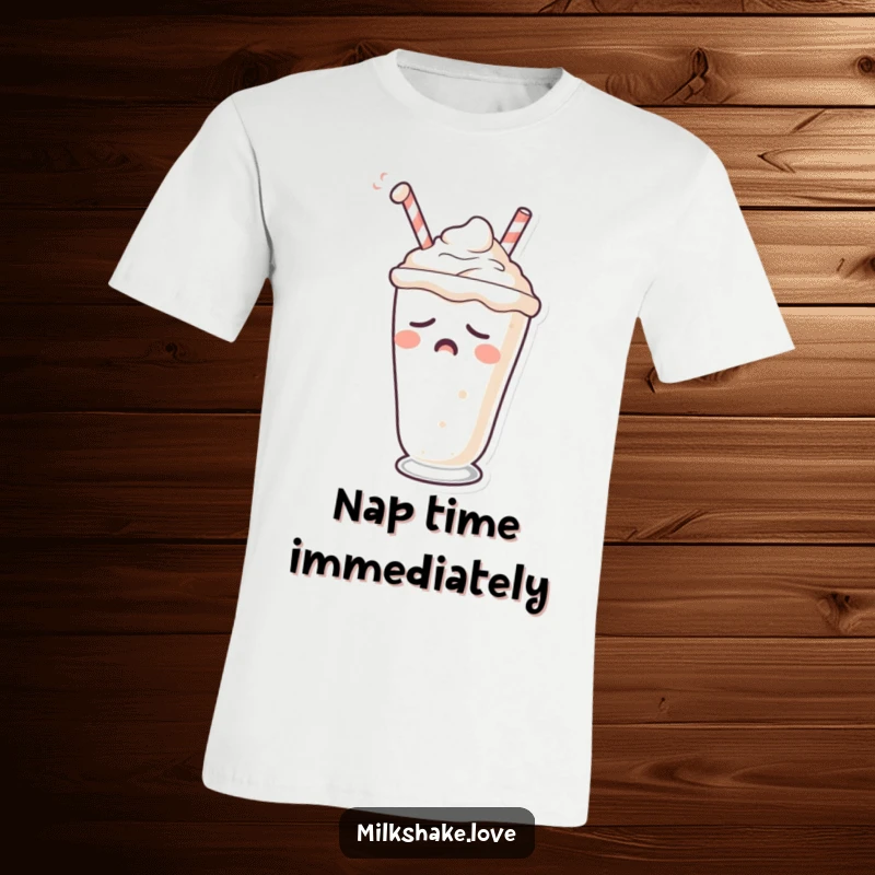 Funny t-shirt showing a yawning milkshake character with a drooping straw, embodying sleepiness.