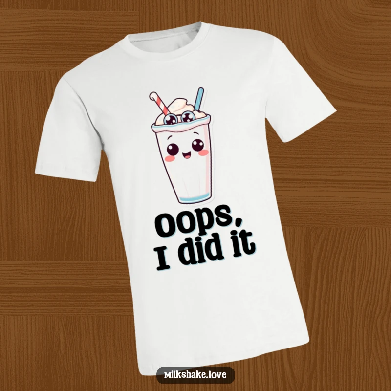 Funny anthropomorphic milkshake with silly eyes in a comical pose of tipping over, a humorous design on a t-shirt.