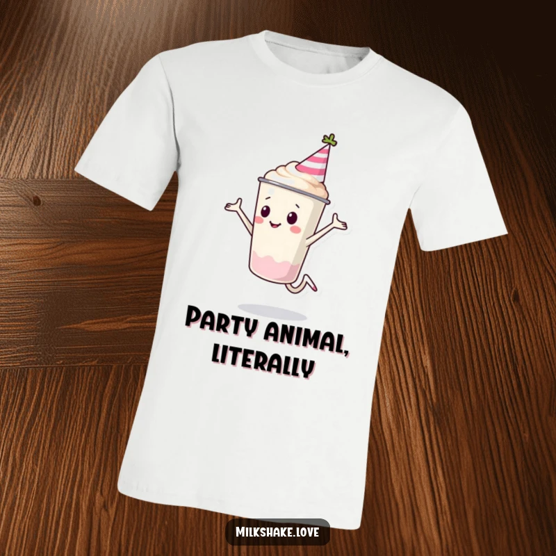 Funny Milkshake Cup T-Shirt featuring a character in a party hat doing a lively cartwheel, ready for any celebration.