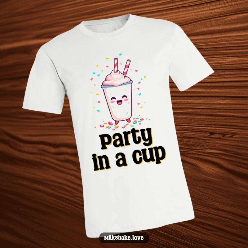Funny Happy Milkshake Cup T-Shirt, a cartoon character exuberantly spilling confetti, representing joy and celebration, ideal for festive wear.