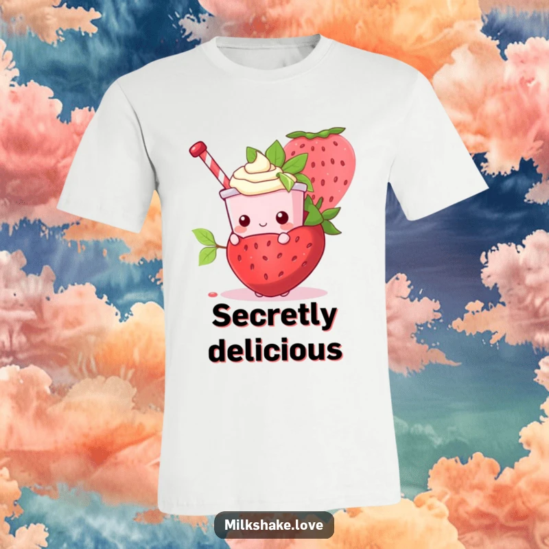 Funny Kawaii Milkshake character hiding comically behind a massive strawberry on a soft tee.