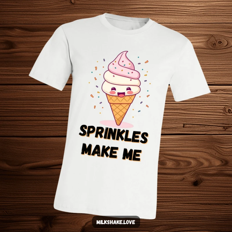 Funny t-shirt showing a happy ice cream cone spinning ecstatically, with sprinkles erupting in a joyful, colorful explosion.