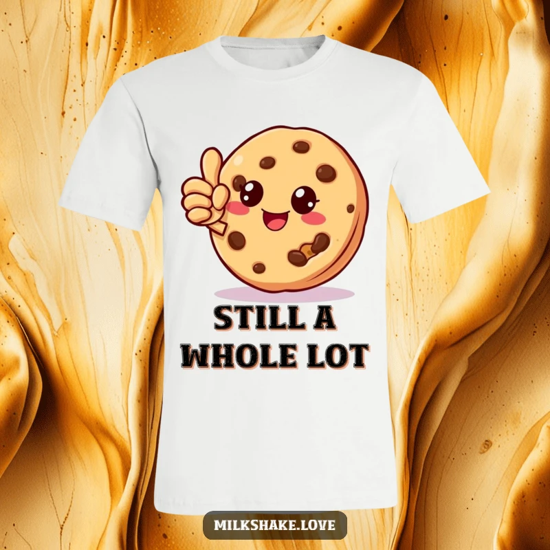 Funny cookie character with a cheerful grin giving a thumbs up, a small crumb missing, printed on a soft tee.