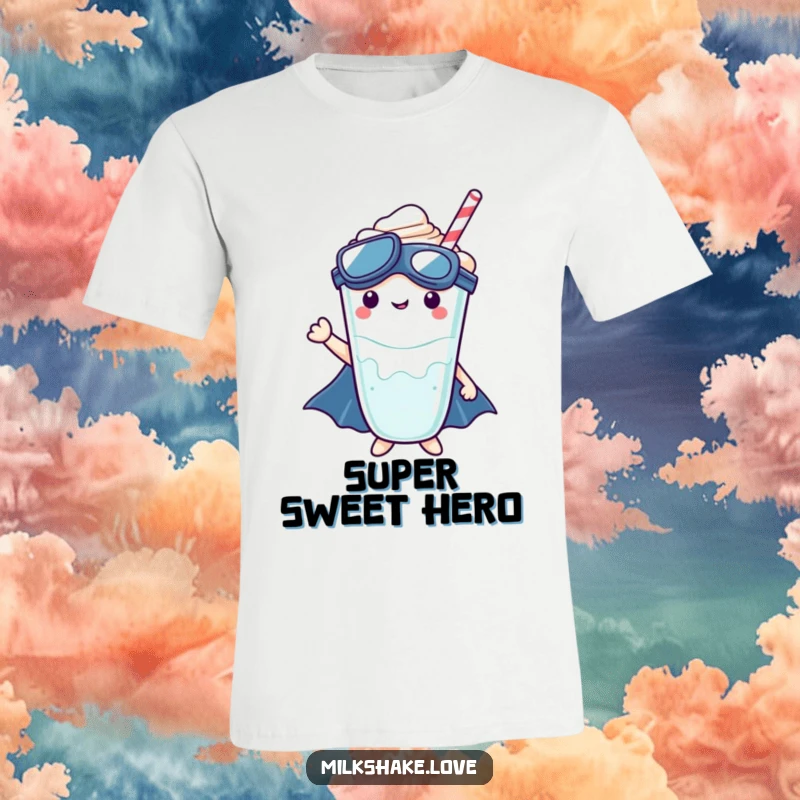 Kawaii milkshake character in a superhero costume, ready to leap into action from within its cup.