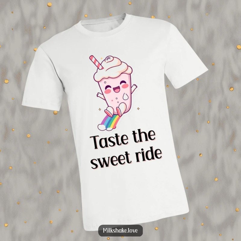 Funny milkshake character with a delighted expression sliding down a colorful rainbow on a soft cotton t-shirt.