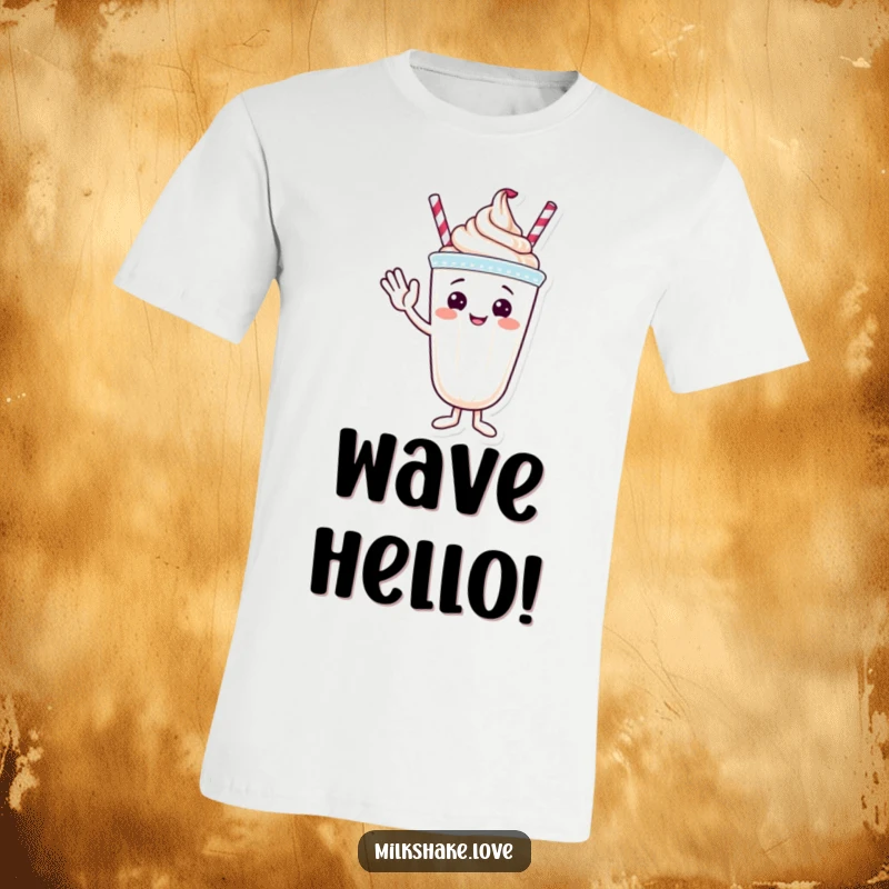 Funny t-shirt featuring a smiling milkshake character waving hello with its whipped cream topping.