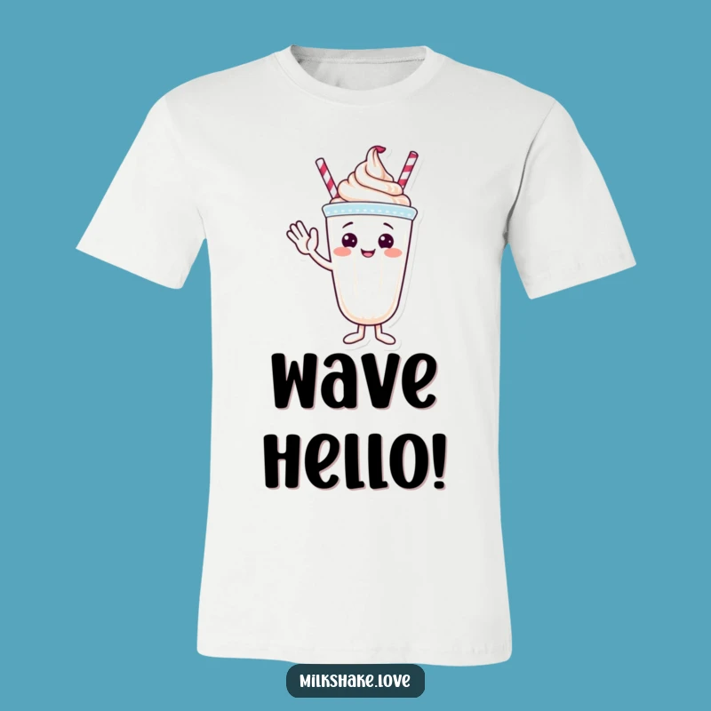 Funny Waving Milkshake T-Shirt - Cheerful Whipped Cream Character, Ideal Funny Gift