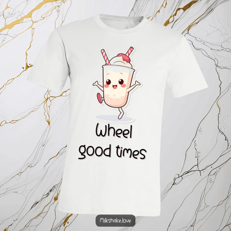 Funny Kawaii Milkshake T-Shirt: A happy cartoon milkshake character doing a dynamic cartwheel, radiating infectious energy and cheer.
