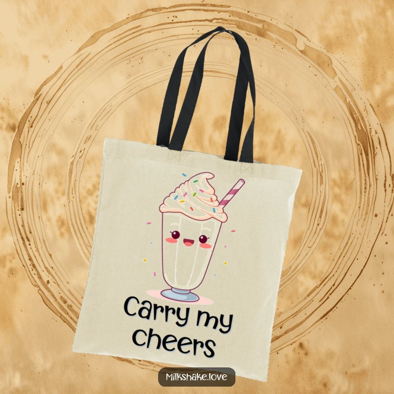 Funny Kawaii milkshake with whipped cream and sprinkles, cheering, decorated on a reusable tote bag for sweet and festive errands.