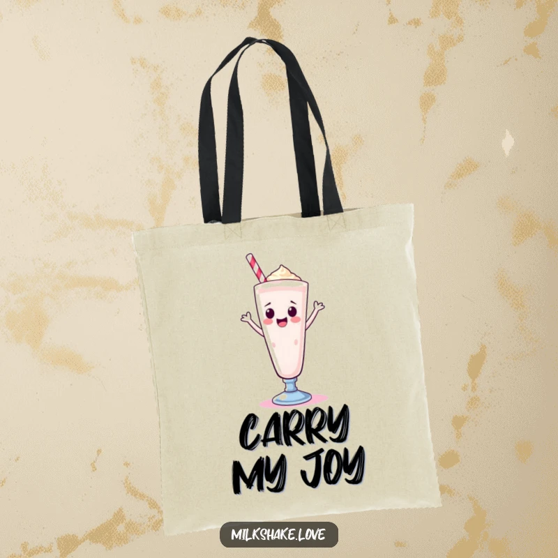 Funny Kawaii milkshake in a tall glass, doing a happy dance, on a reusable tote bag for sweet and cheerful errands.
