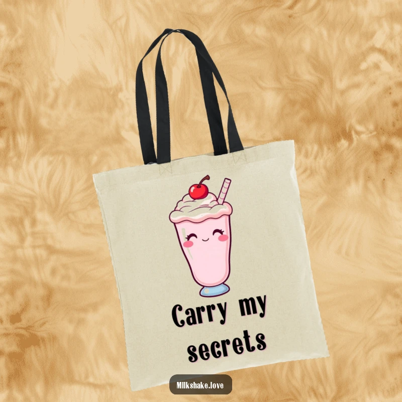 Funny Kawaii milkshake with a cherry on top, winking, decorated on a reusable tote bag for sweet and cheeky errands.