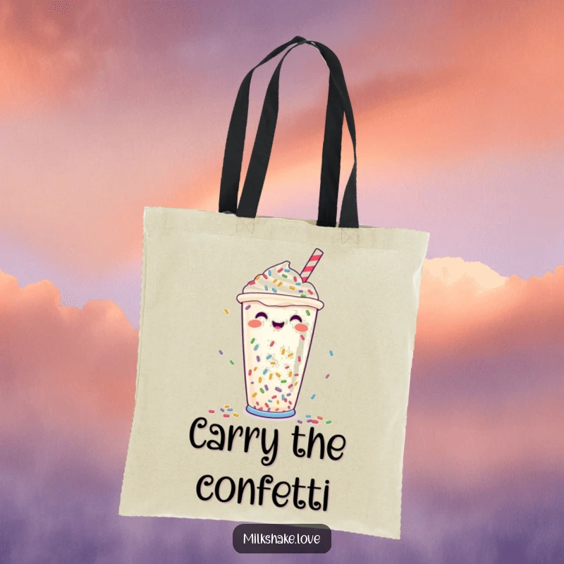 Funny Tote Bag: Features a joyful milkshake cup with a delightful shower of colorful sprinkles, perfect for everyday use.