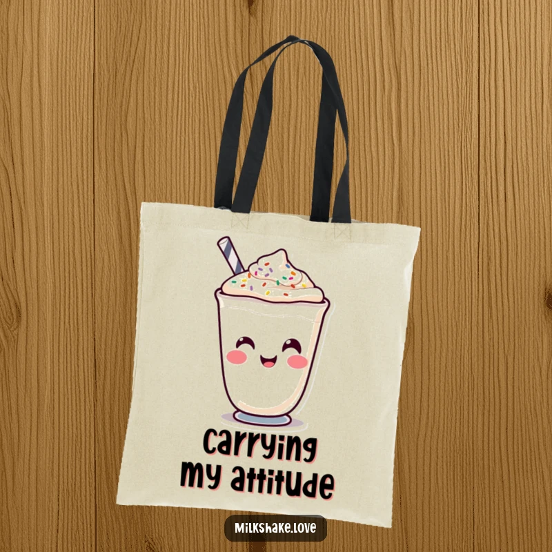 Funny Kawaii milkshake character making a funny face with sprinkles on a durable tote bag, for style and humor.
