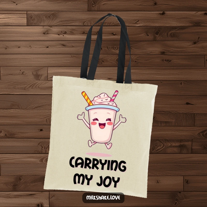 Funny Milkshake Cup Tote Bag, a jubilant cartoon character depicted in a high-spirited leap, perfect for carrying essentials with style and humor.