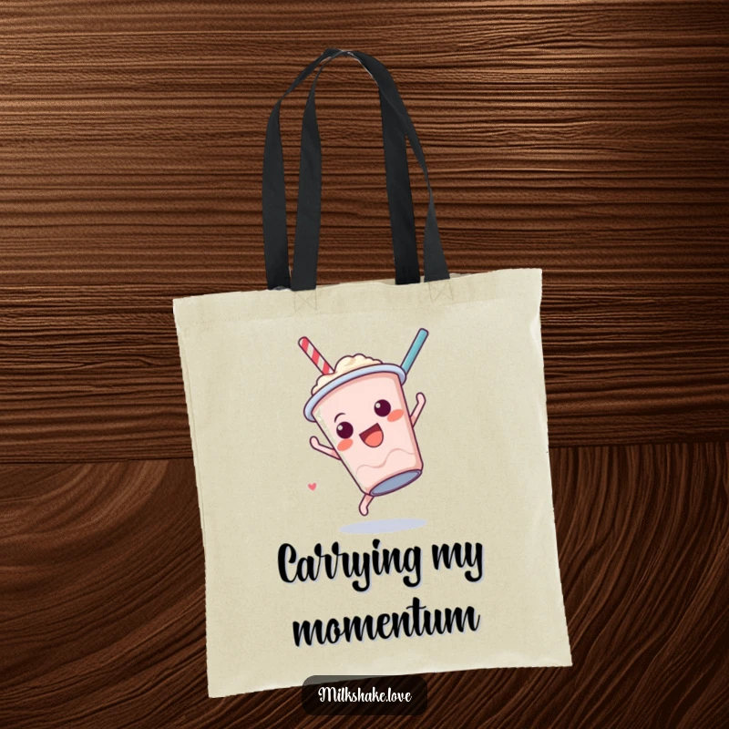 Funny Milkshake Somersault Tote Bag showing a cute anthropomorphic milkshake cup performing a fun somersault, ideal for practical and fun use.