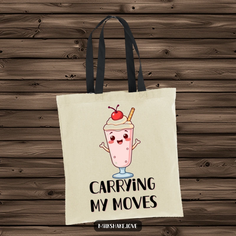 Funny tote bag featuring a smiling milkshake with a cherry on top, doing a lively jig, ideal for shopping and errands.