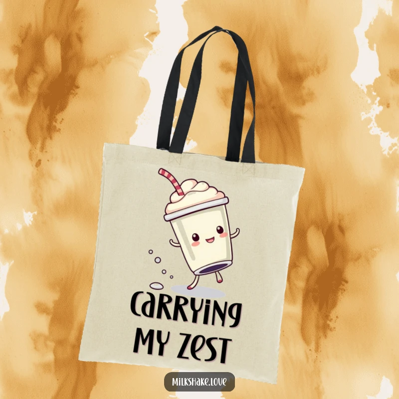 Funny Tote Bag with a kawaii milkshake cup in a cartwheel pose, surrounded by bubbly drops, symbolizing energetic fun.