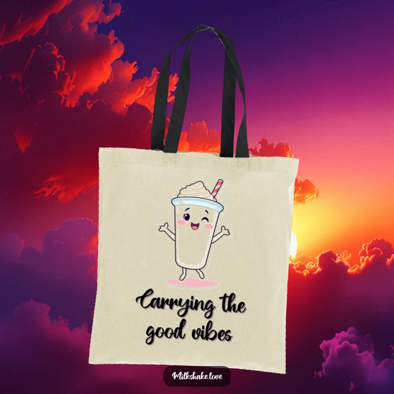 Funny Milkshake Cup Tote Bag with a smiling milkshake character dancing joyfully. Perfect for carrying your items with sweet humor.