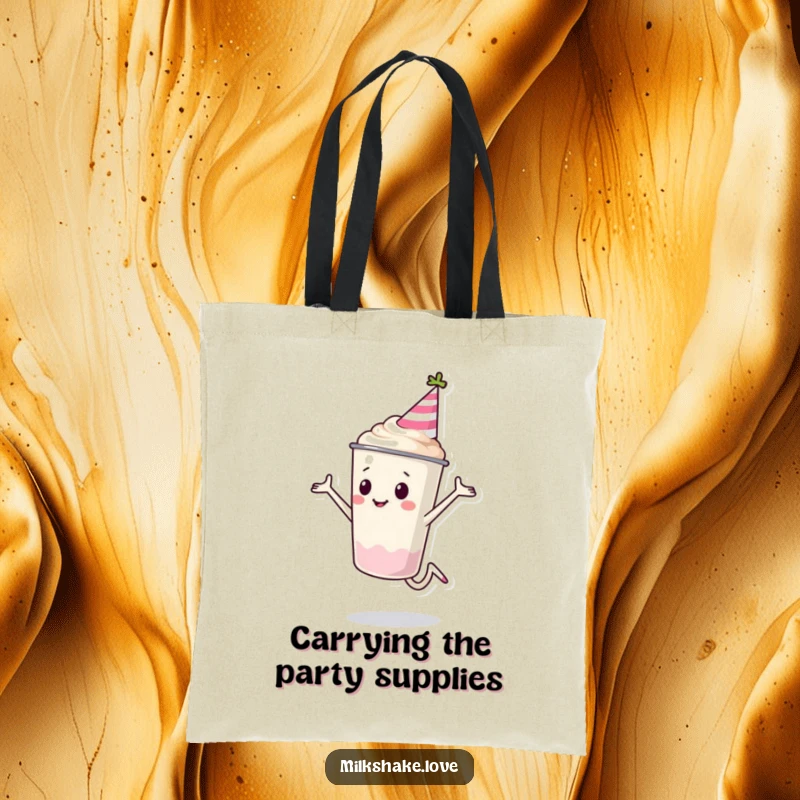 Funny Milkshake Cup Tote Bag with a milkshake character in a party hat doing a cartwheel. Ideal for carrying party supplies with humor.
