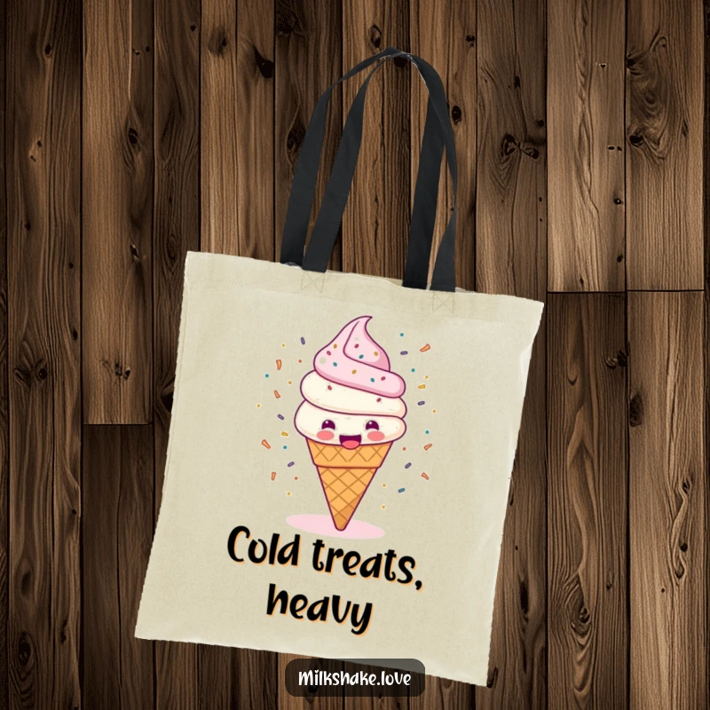 Funny tote bag featuring a happy ice cream cone spinning energetically, with sprinkles flying, symbolizing sweet, mobile joy.