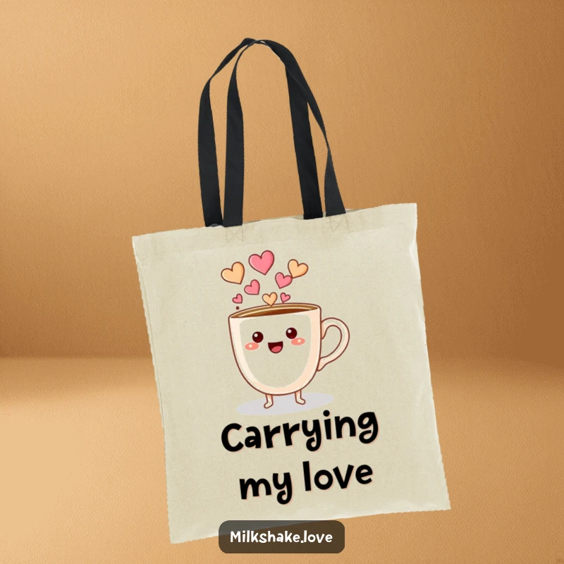 Funny coffee cup character with little feet pouring a shower of hearts, printed on a durable tote bag.
