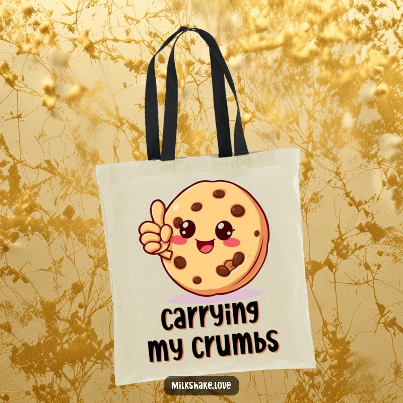 Funny cookie character with a missing crumb giving a thumbs up, printed on a durable tote bag.