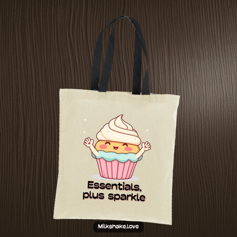 Funny tote bag featuring a blushing cupcake with tiny waving arms, enthusiastically greeting sparkles, symbolizing sweet adventures.