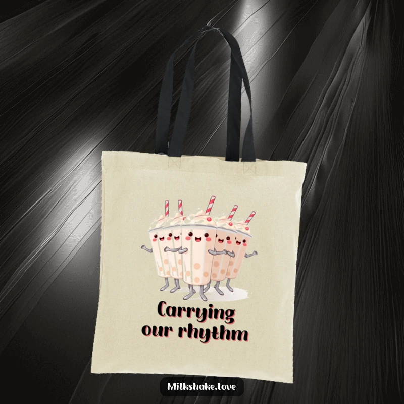 Funny tote bag with mini milkshakes in a synchronized dance, a humorous and practical accessory for carrying your day.