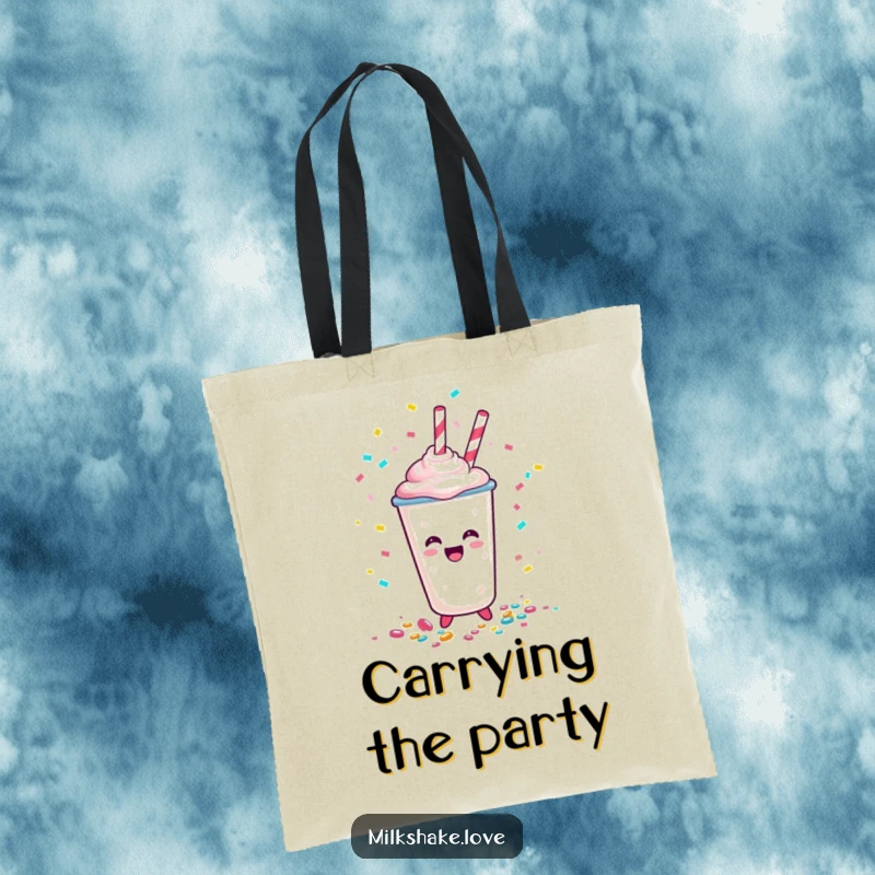 Funny Happy Milkshake Cup Tote Bag, a cartoon character spilling colorful confetti, ideal for carrying essentials with a festive and humorous touch.