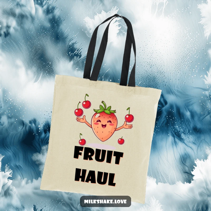 Funny Juggling Strawberry Tote Bag: A smiling strawberry with arms outstretched joyfully juggling cherries, a vibrant and fun accessory.