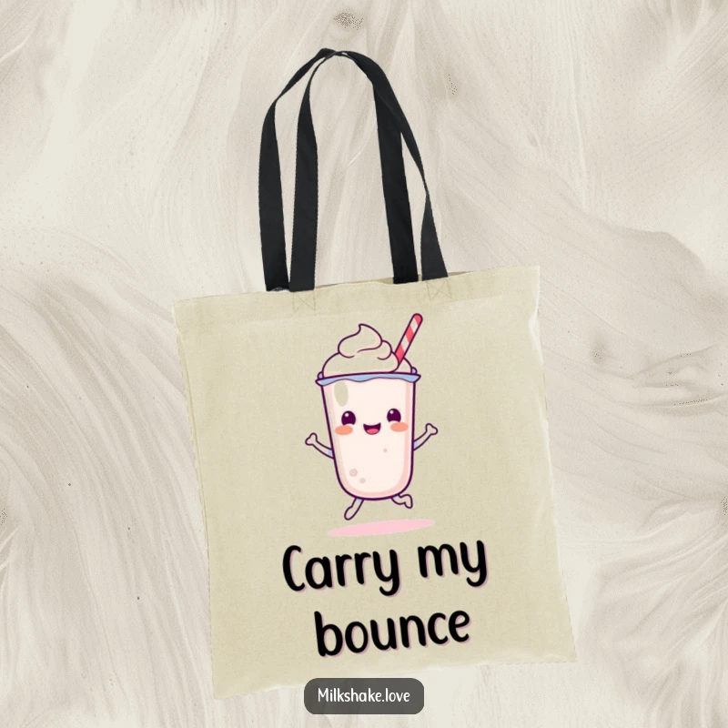 Funny Kawaii Milkshake character captured in a happy bounce on a practical and stylish tote bag.