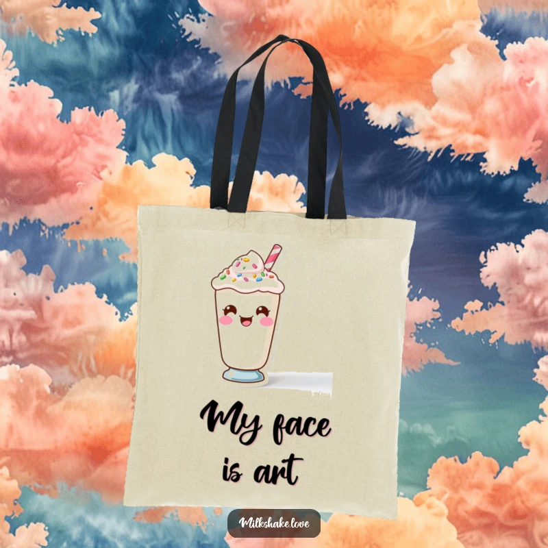 Funny Kawaii Milkshake character making a comical face with sprinkles on a durable tote bag.
