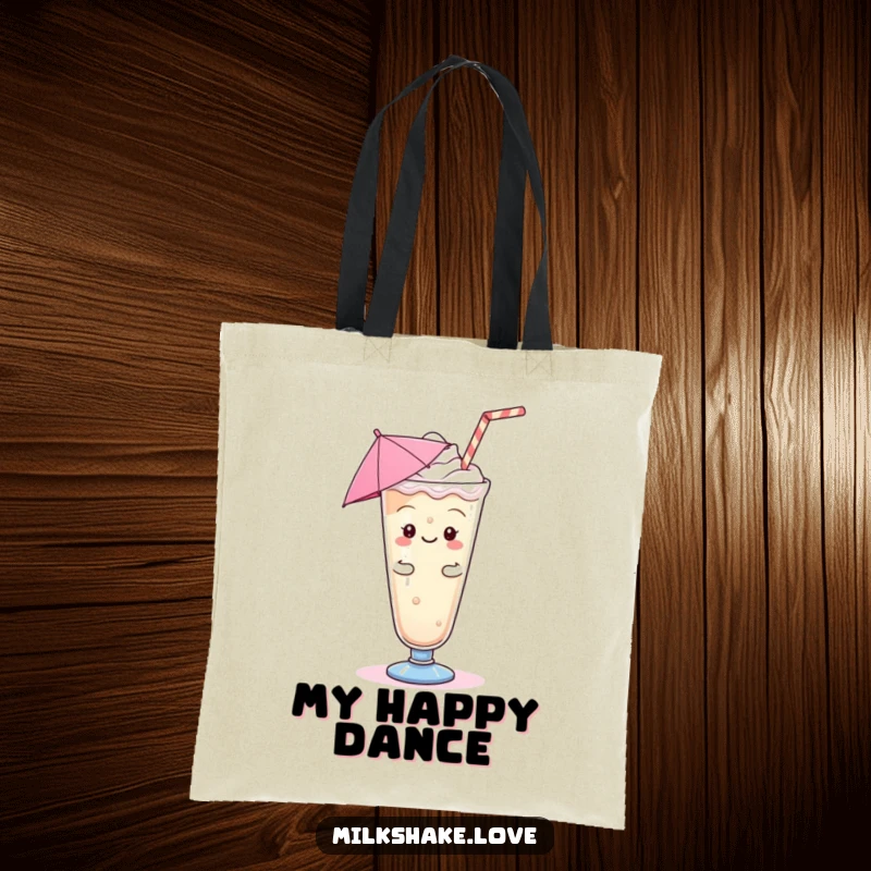 Funny Kawaii Milkshake Tote Bag: A kawaii milkshake character doing a silly jig, perfect for carrying items with humor.